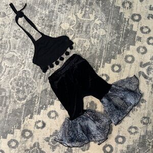(5for$10) Black Pompom Halter Top & Spiderweb Ruffle Pants Set- Halloween Outfit
